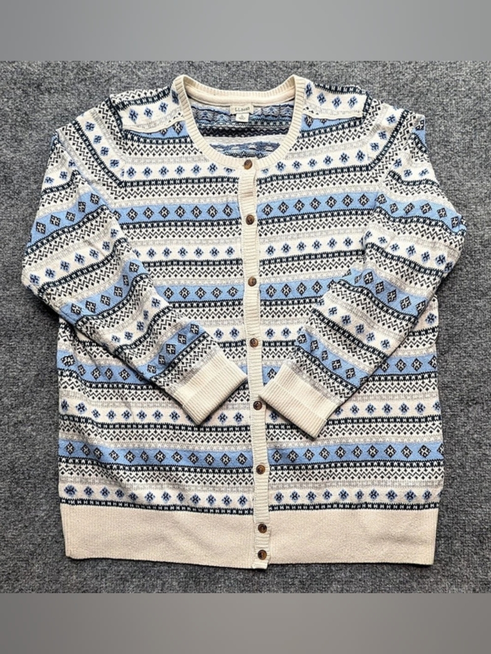 L.L. Bean Fair Isle Nordic Cardigan Sweater Women’s Size L Blue White
